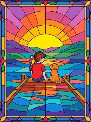 Finished example of the Color by Number page: Boat Sunset