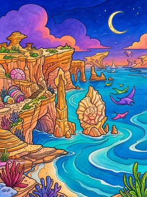Finished example of the Color by Number page: Ocean Cliffs