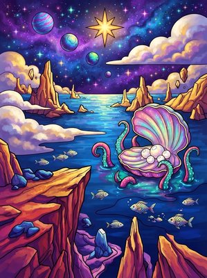 Finished example of the Color by Number page: Misty Sea