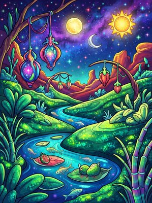 Finished example of the Color by Number page: Lantern Valley