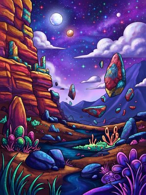 Finished example of the Color by Number page: Hovering Stones