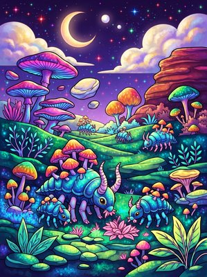 Finished example of the Color by Number page: Mushroom Grazers