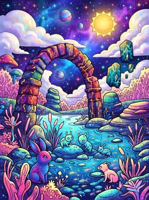 Finished example of the Color by Number page: Luminous Pondlings