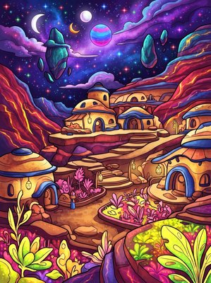 Finished example of the Color by Number page: Terraced Vardai Village