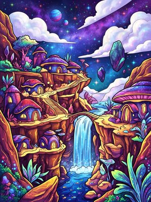 Finished example of the Color by Number page: Cliffside Waterfall Village