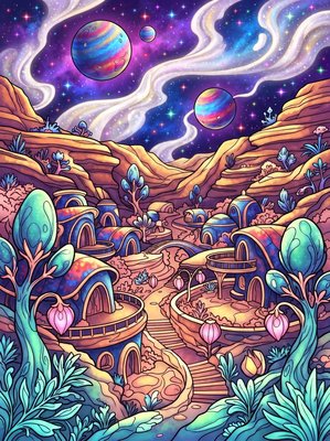 Finished example of the Color by Number page: Moonlit Lantern Village