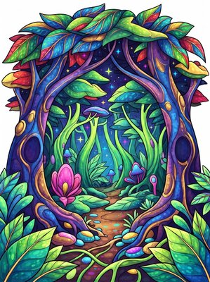 Finished example of the Color by Number page: Luminous Forest