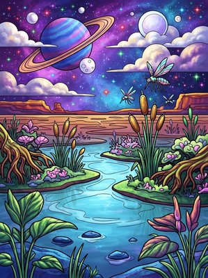 Finished example of the Color by Number page: Shimmering Wetlands