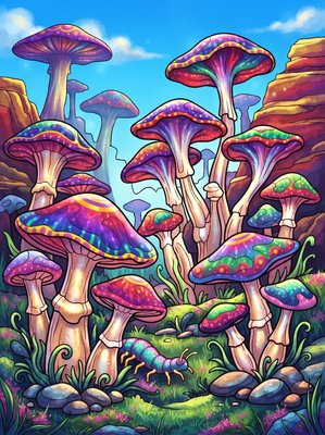 Finished example of the Color by Number page: Mushroom Grove