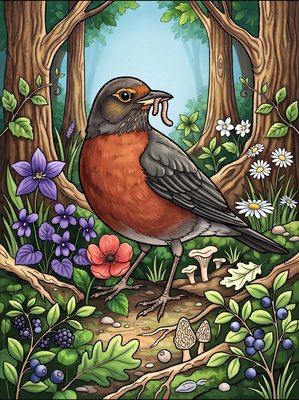 Finished example of the Color by Number page: American Robin