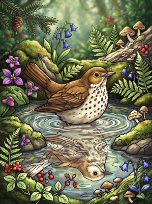 Finished example of the Color by Number page: Hermit Thrush