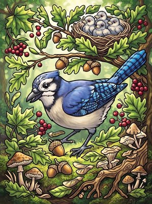 Finished example of the Color by Number page: Eurasian Jay