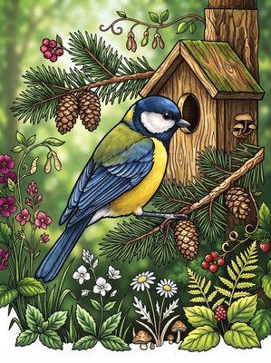 Finished example of the Color by Number page: Great Tit