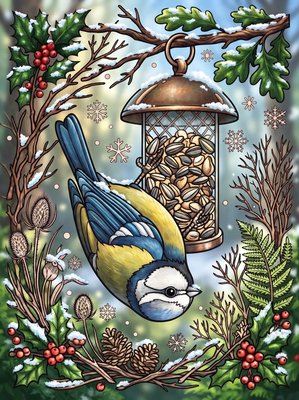 Finished example of the Color by Number page: Blue Tit