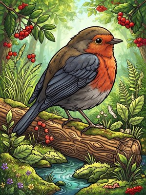 Finished example of the Color by Number page: European Robin