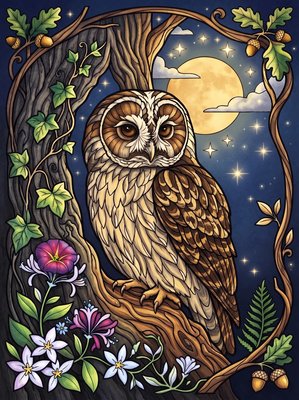 Finished example of the Color by Number page: Tawny Owl