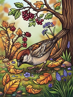 Finished example of the Color by Number page: Common Chaffinch