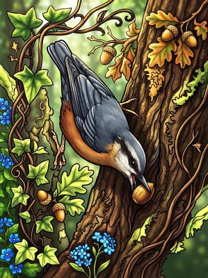 Finished example of the Color by Number page: Eurasian Nuthatch
