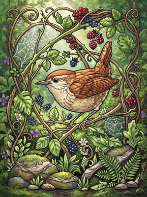 Finished example of the Color by Number page: Eurasian Wren