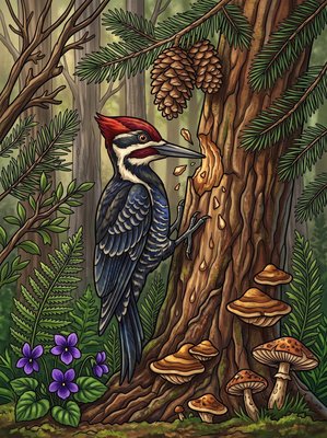Finished example of the Color by Number page: Black Woodpecker