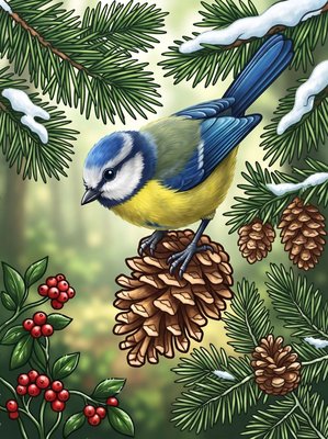 Finished example of the Color by Number page: Black-capped Chickadee