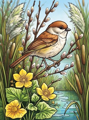 Finished example of the Color by Number page: Willow Tit