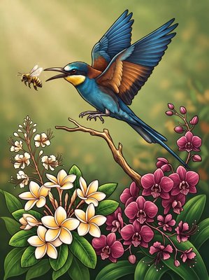 Finished example of the Color by Number page: Green Bee-eater