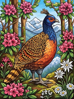 Finished example of the Color by Number page: Himalayan Monal