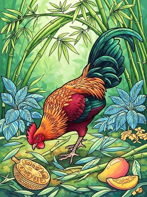 Finished example of the Color by Number page: Red Junglefowl
