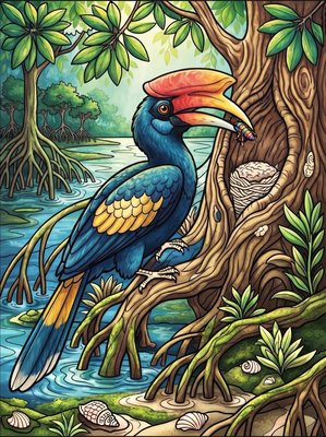 Finished example of the Color by Number page: Oriental Pied Hornbill