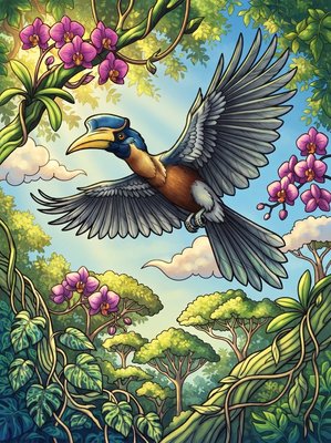 Finished example of the Color by Number page: Helmeted Hornbill
