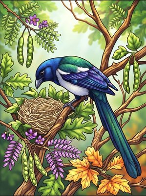 Finished example of the Color by Number page: Rufous Treepie
