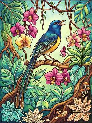 Finished example of the Color by Number page: White-rumped Shama