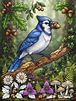 Finished example of the Color by Number page: Blue Jay