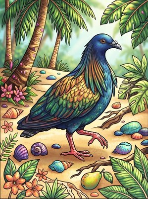 Finished example of the Color by Number page: Nicobar Pigeon