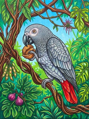 Finished example of the Color by Number page: African Grey Parrot