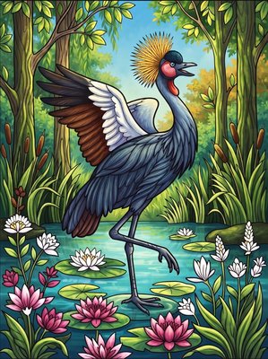 Finished example of the Color by Number page: Grey Crowned Crane