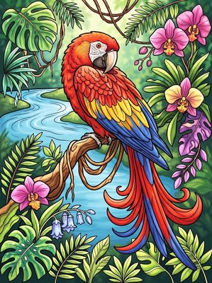 Finished example of the Color by Number page: Scarlet Macaw