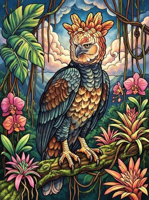 Finished example of the Color by Number page: Harpy Eagle
