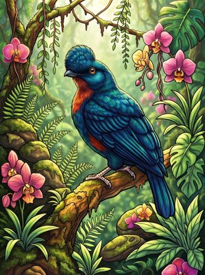 Finished example of the Color by Number page: Andean Cock-of-the-rock