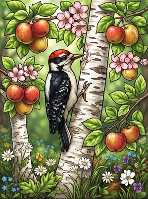 Finished example of the Color by Number page: Downy Woodpecker