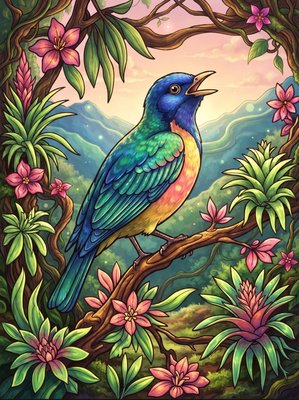 Finished example of the Color by Number page: Plum-throated Cotinga