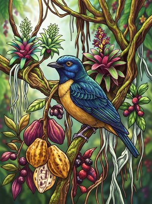 Finished example of the Color by Number page: Banded Cotinga