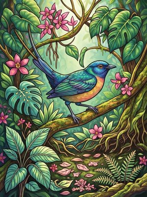 Finished example of the Color by Number page: Pin-tailed Manakin