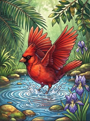 Finished example of the Color by Number page: Red-capped Cardinal