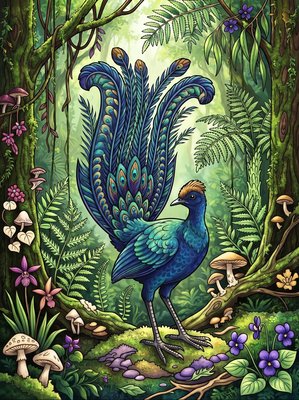 Finished example of the Color by Number page: Superb Lyrebird
