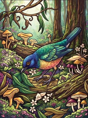 Finished example of the Color by Number page: Russet-tailed Thrush