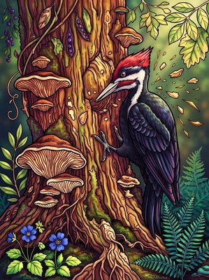 Finished example of the Color by Number page: Pileated Woodpecker