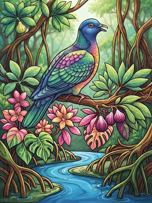 Finished example of the Color by Number page: Rose-crowned Fruit-Dove