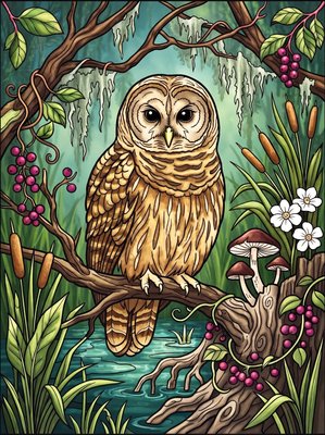 Finished example of the Color by Number page: Barred Owl